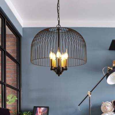 Metal Candle Suspension Light with Dome Cage Dining Room 5 Lights Traditional Chandelier in Black
