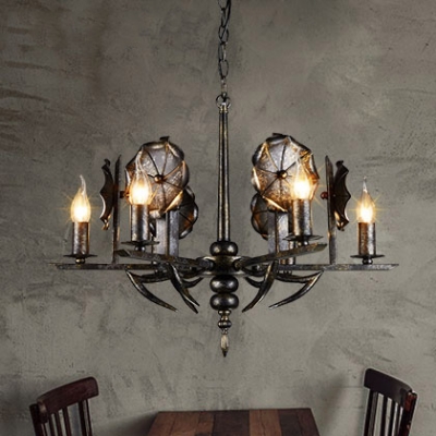 Metal Flameless Candle Hanging Light Restaurant 6 Lights Vintage Chandelier in Aged Brass
