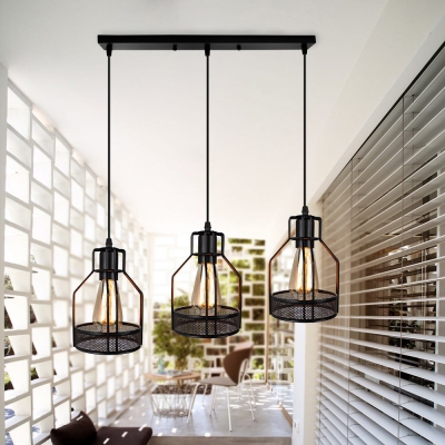 Metal Mesh Pendant Lamp 3 Lights Vintage Style Ceiling Light in Black for Dining Room
