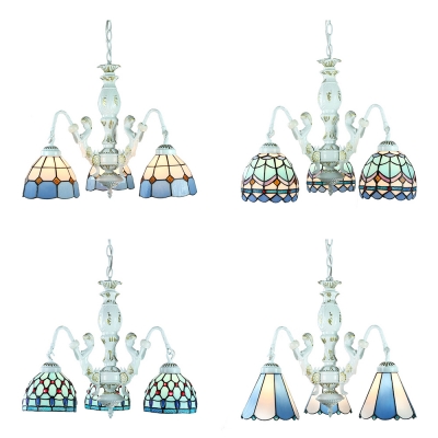 Nautical Cone/Dome Ceiling Lights 3 Lights Art Glass Chandelier in Blue for Bathroom