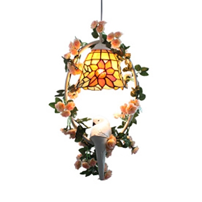 Plant & Pigeon Pendant Light Restaurant 1 Light Rustic Style Hanging Light with Grid/Sunflower Shade