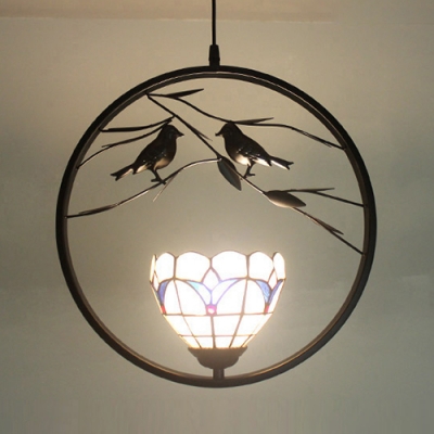Rustic Ceiling Pendant Glass 1 Light Black Hanging Light with Bird for Bedroom