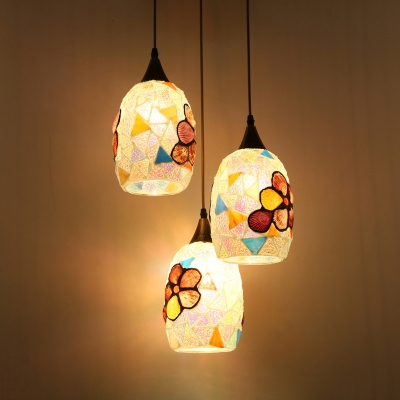 Rustic Style Flower Pendant Lamp with Oval Shade 3 Lights Stained Glass Hanging Light for Villa