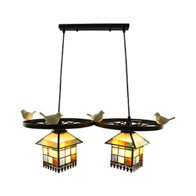 Rustic Style Multi-Color Pendant Light with Bird & Wheel 2 Lights Glass Island Lamp for Cafe
