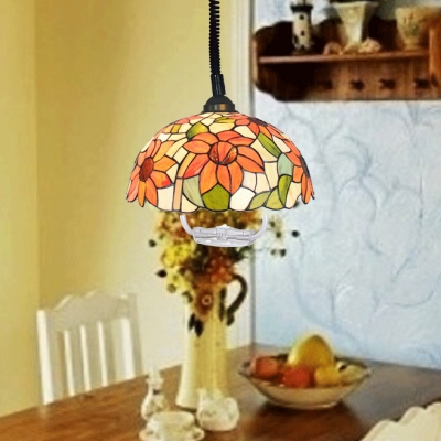 Rustic Sunflower Ceiling Light with Telephone Cord Stained Glass 1 Light Pendant Light for Foyer