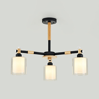 Simple Style Cylinder Suspension Light 3 Lights Glass Chandelier in Black/White for Kitchen