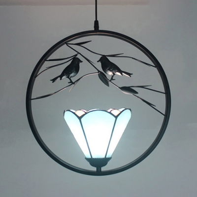 Study Room Cone/Dome Hanging Lamp Glass One Light Tiffany Rustic Black Ceiling Light with Bird