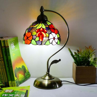 Study Room Flower/Grape Desk Light Stained Glass 1 Light Antique Tiffany Table Light with Plug-In Cord