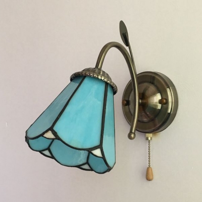 Tiffany Brass Wall Light Cone/Dome 1 Light Stained Glass Wall Sconce with Pull Chain for Bedroom