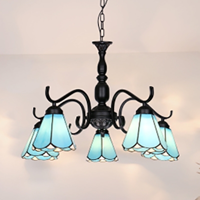 Tiffany Style Cone Chandelier 5 Lights Glass Hanging Light in Blue/White for Dining Room Restaurant