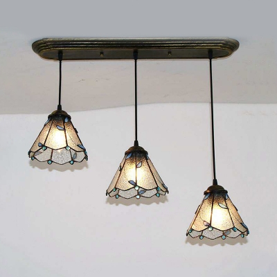 Tiffany Style Conical Pendant Lamp Blue/Beige/Clear Glass 3 Lights Hanging Light for Kitchen