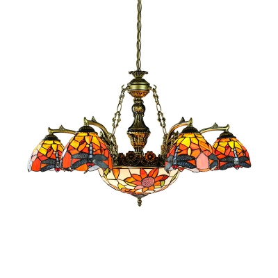 Tiffany Style Dome Hanging Light with Dragonfly/Circle/Sunflower Stained Glass 9 Lights Chandelier for Living Room