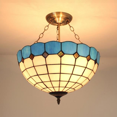 Tiffany Style Domed Chandelier Metal Glass Pendant Lamp in Blue/Brown for Hotel Study Room