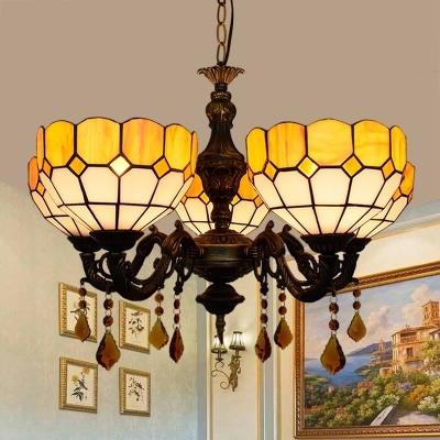 Tiffany Style Yellow Chandelier Bowl Shade 5 Lights Glass Suspension Light with Crystal for Foyer