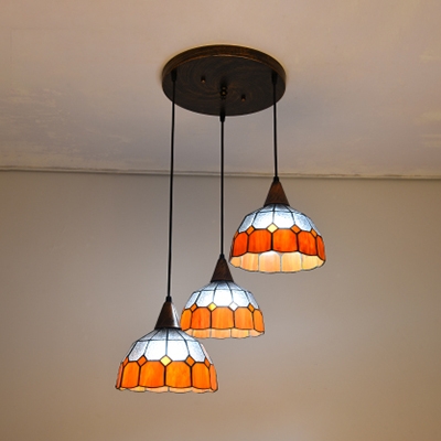 Tiffany Traditional Lattice Bowl Hanging Lamp Glass 3 Lights Blue/Orange/Pink/Yellow Pendant Light for Balcony