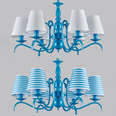 Traditional Blue White Hanging Lamp With Tapered Shade 6 Lights