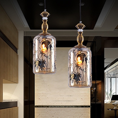 Traditional Hanging Light Cylinder Shade 1 Light Glass Ceiling Light with Leaf Decoration for Kitchen