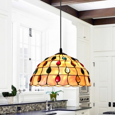 Traditional Scalloped Hanging Light with Colorful Beads Shell Beige Pendant Lamp for Hallway