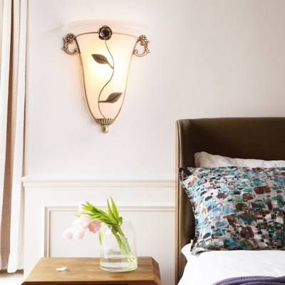 Traditional White Sconce Light Cone Shade 1 Light Frosted Glass Wall Lamp with Flower for Hotel