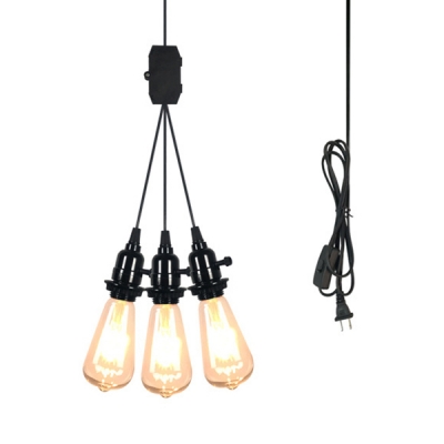 Vintage Open Bulb Pendant Light 3 Lights Glass Plug In Hanging Light in Black for Restaurant