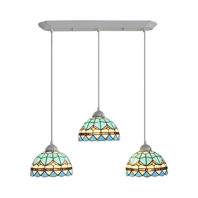 Vintage Style Peacock Tail Pendant Light 3 Lights Stained Glass Hanging Light in Blue for Dining Table