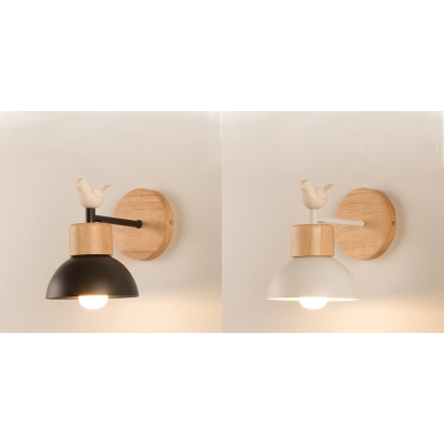 Wood Metal Dome Wall Light 1 Light Rustic Style Sconce Light with Bird in Black/White for Kids Bedroom