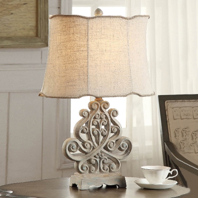 1 Light Bell Engraved Table Light Antique Style Resin Reading Light in Off-White for Hotel
