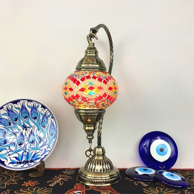 1 Light Oval Hanging Desk Light Moroccan Turkish Stained Glass Table Light in Blue/Red for Cafe