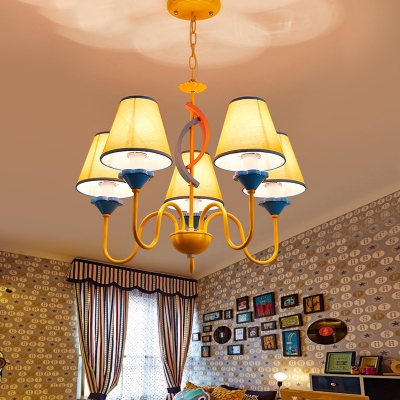 5 Lights Tapered Shade Chandelier Traditional Metal Fabric Hanging Light in Yellow for Child Room