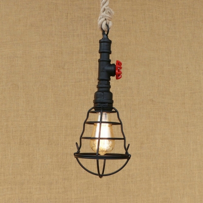 1 Light Wire Frame Pendant Light with Water Pipe Vintage Metal Rope Hanging Lamp for Restaurant