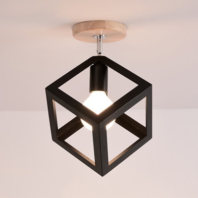 Industrial Cube/Pyramid Semi Flush Ceiling Light 1 Head Metal Ceiling Light in Black/White for Hallway