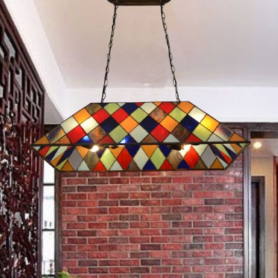 Stained Glass Lattice Trapezoid Island Light 4 Lights Tiffany Vintage Island Lamp for Dining Room Bar