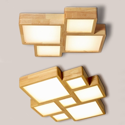 Wood Square LED Ceiling Lamp Child Bedroom 4/7 Heads Creative Flush Mount Light in Warm/White