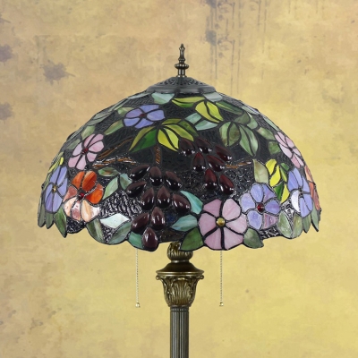 Rustic Umbrella Shaped Floor Lamp 2 Lights Stained Glass Floor Lamp with Flower Grape for Living Room