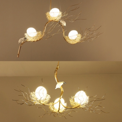 3 Lights Bird&Nest Chandelier Creative Modern Aluminum Suspension Light with Egg for Bedroom