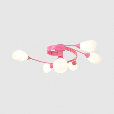 Macaron Stylish Bud Semi Flush Ceiling Light 4/6 Lights Opal Glass Ceiling Lamp in Blue/Pink for Bedroom