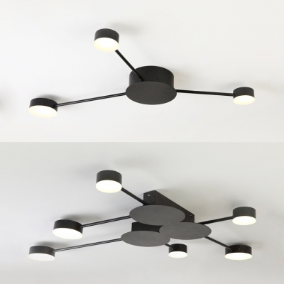 Metal Circle Semi Flush Ceiling Light 3/6 Heads Modern Black Ceiling Lamp with White Lighting
