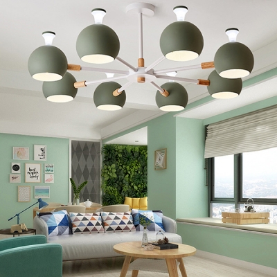 8 Lights Globe Suspension Light Simple Style Metal Chandelier in Macaron White/Gray/Green for Hotel