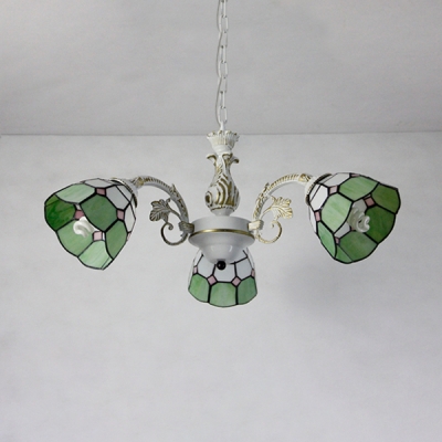 Antique Style Dome Chandelier Stained Glass 3 Lights Blue/Green/Pink/Yellow Hanging Light for Foyer