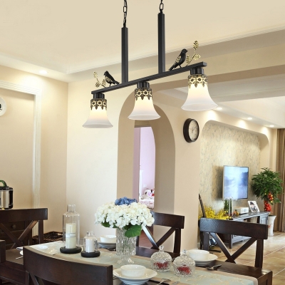 Bell Shade Kitchen Island Pendant Frosted Glass 3 Lights Traditional Island Fixture with Bird Decoration in Black