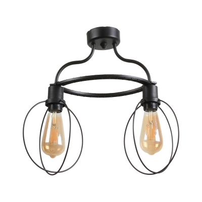 Black Round Semi Flush Light with Cage 2/3/4 Lights Industrial Metal Ceiling Fixture for Villa
