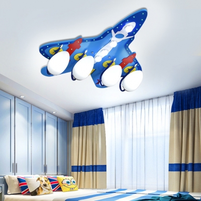 Blue Airplane Flush Ceiling Light Cartoon Metal Eye-Caring Ceiling Lamp for Boys Bedroom