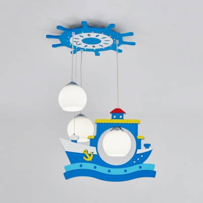 Blue Ship Pendant Light 3 Lights Cute Wood Suspension Light for Child Bedroom Kindergarten