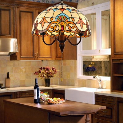 Bowl Shade Ceiling Light with Pull Chain 3 Lights Tiffany Victorian Stained Glass Hanging Light for Foyer