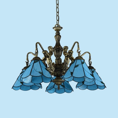 Cone Shop Hotel Hanging Light with Mermaid Glass 3/5 Lights Tiffany Style Chandelier in Blue
