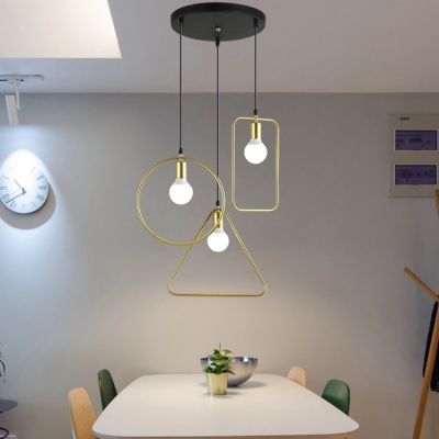 Contemporary Wire Frame Ceiling Light Metal 3 Lights Gold Linear/Round Canopy Hanging Lamp for Kitchen