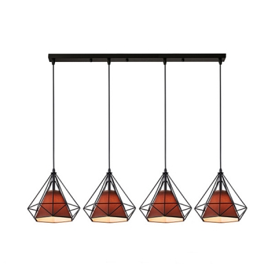 Diamond Cage Restaurant Island Fixture Metal 4 Lights Antique Style Ceiling Lamp in Black