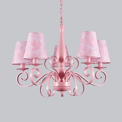 Flower/Lace/Plaid Pendant Lamp with Tapered Shade Metal 5 Lights Pink Chandelier for Bedroom