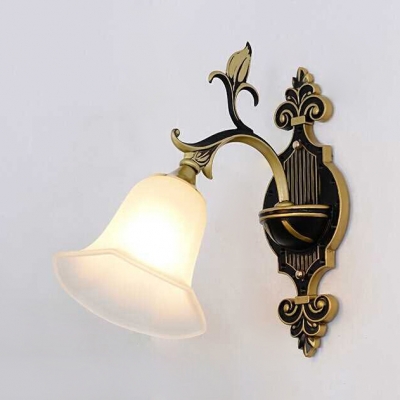 Frosted Glass Bell Shade Sconce Lamp with Leaf 1/2 Lights Vintage Wall Light in White for Hallway