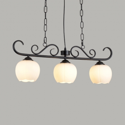 Frosted Glass Melon Island Light Dining Room 3 Lights Traditional Linear Chandelier in Black